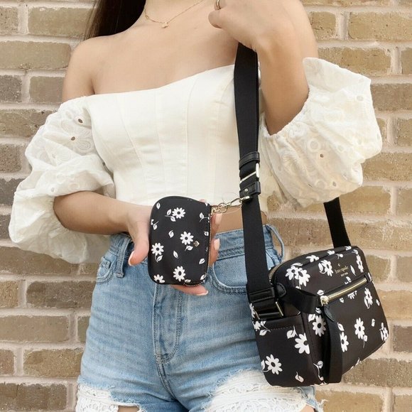 Kate Spade Chelsea Little Better Nylon Camera Bag Coin Pouch Black White Flower - Picture 3 of 4